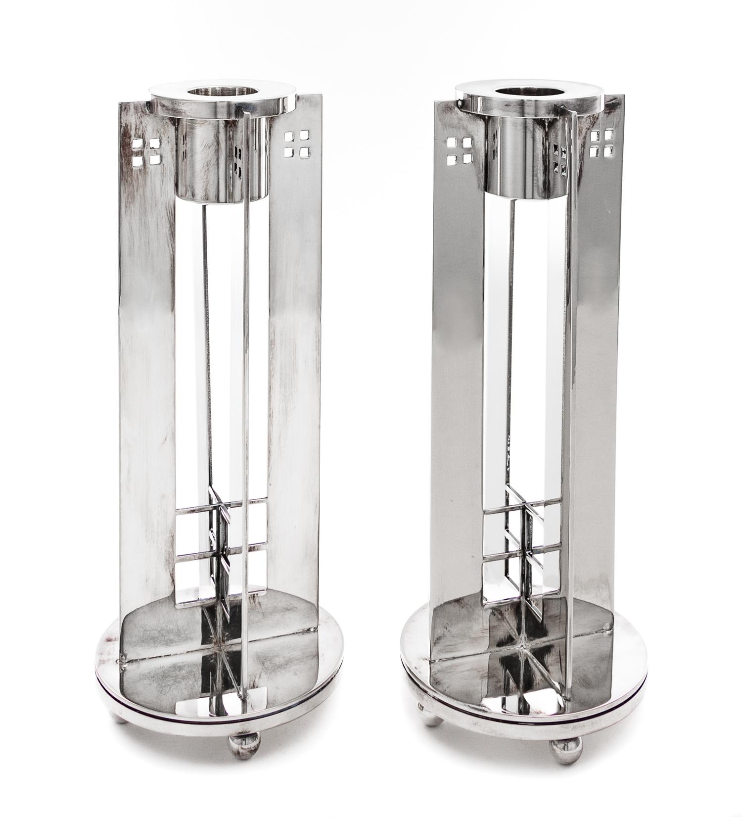 A Pair of American Silver-Plate Candlesticks, Richard Meier for Swid Powell, New York, 20th Century, King Richard pattern.