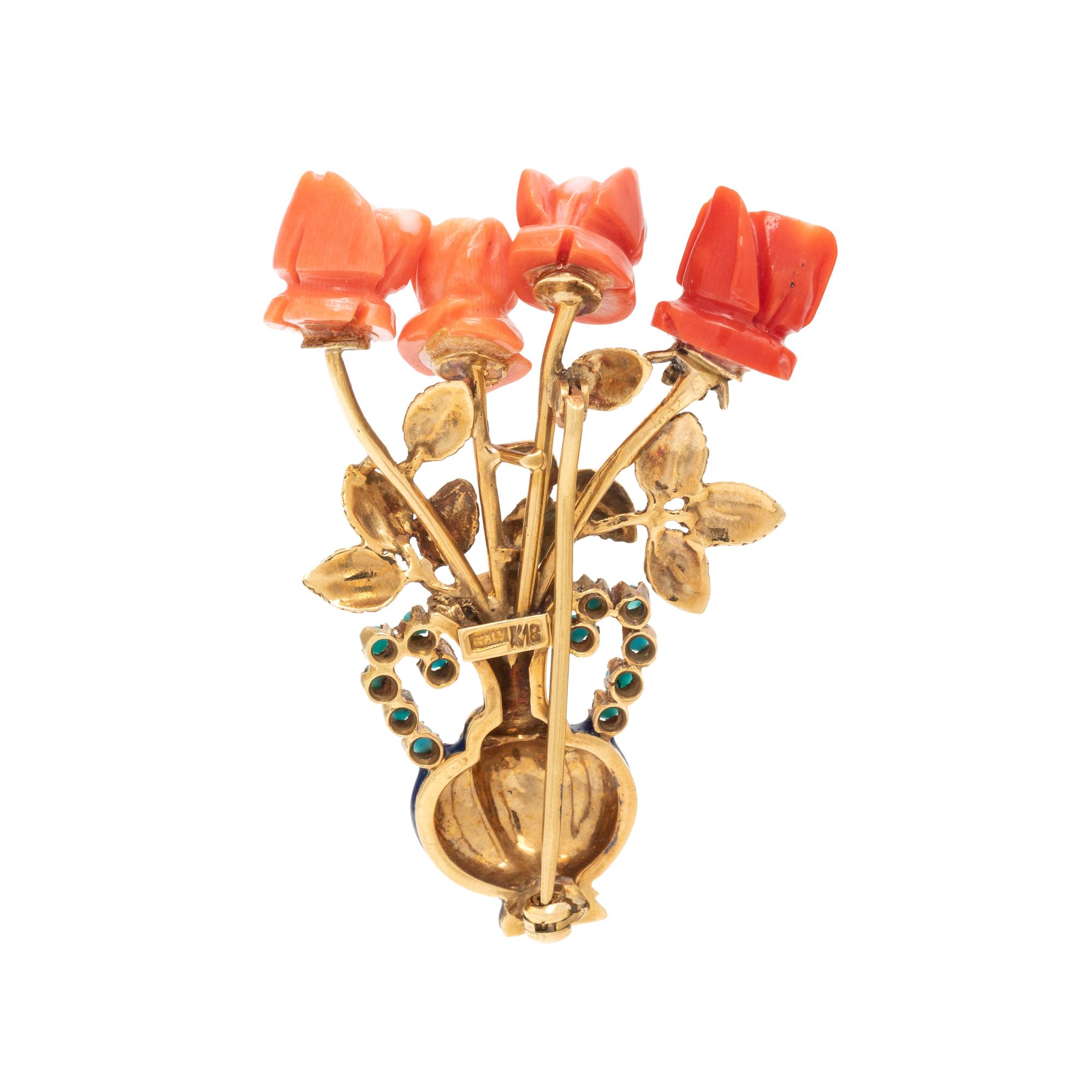 CORAL, TURQUOISE AND ENAMEL FLOWER BROOCH