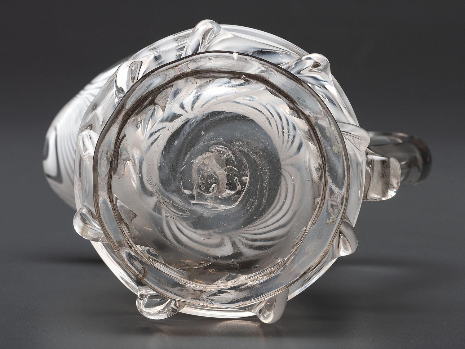 A New Jersey Blown-Glass Pitcher in Clear with White Swirls