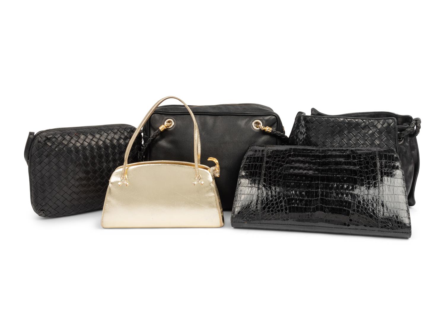 Five Designer Bags: Three Bottega Veneta, One Nancy Gonzalez, One Judith Leiber, 1980-90s