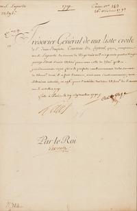 LOUIS XVI, King of France (1754-1793). Partly printed document signed ("Louis"), 29 September 1791. Countersigned by Arnaud de Laporte, and with an autograph note signed verso ("Laporte").