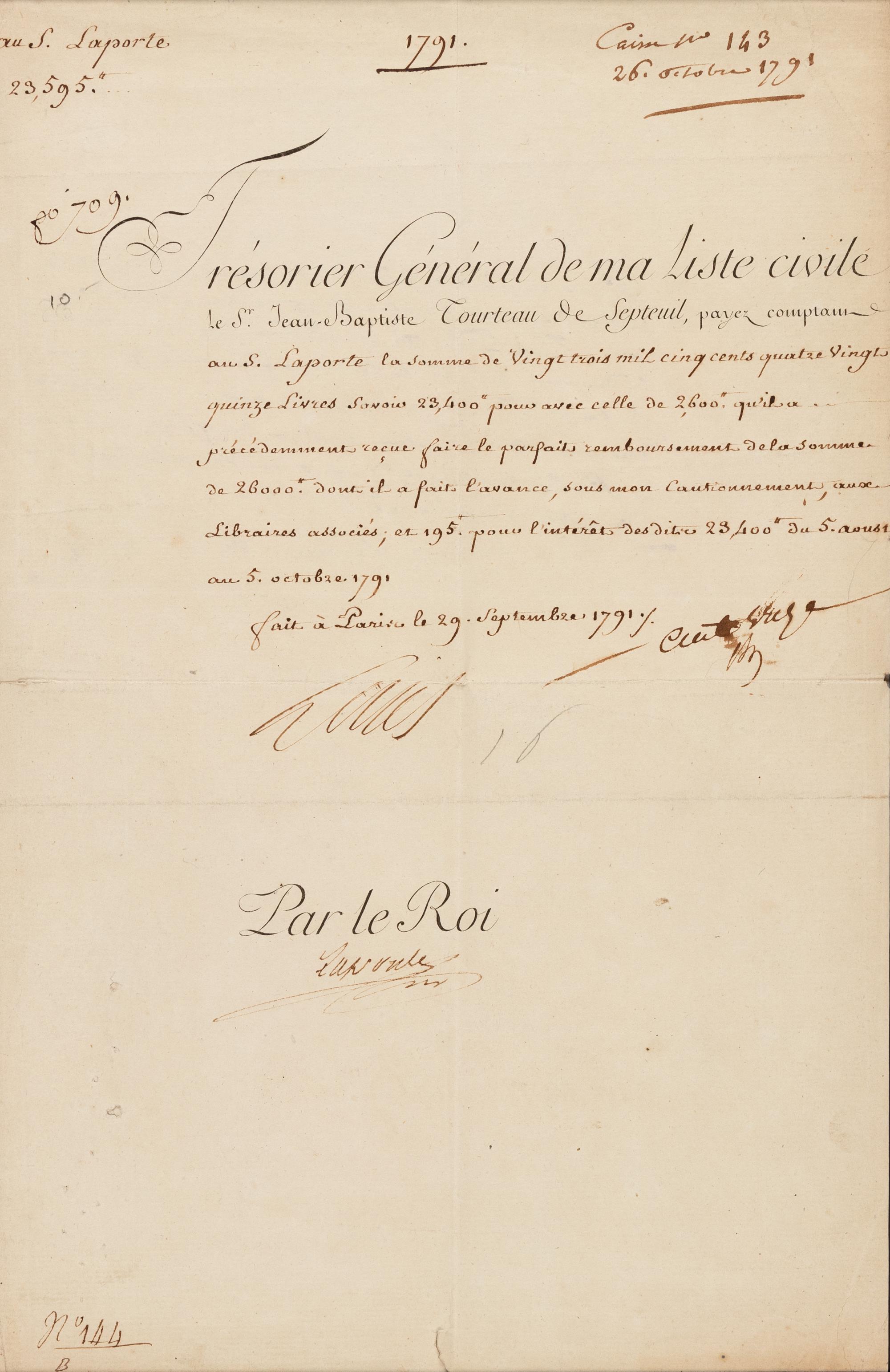 LOUIS XVI, King of France (1754-1793). Partly printed document signed ("Louis"), 29 September 1791. Countersigned by Arnaud de Laporte, and with an autograph note signed verso ("Laporte").