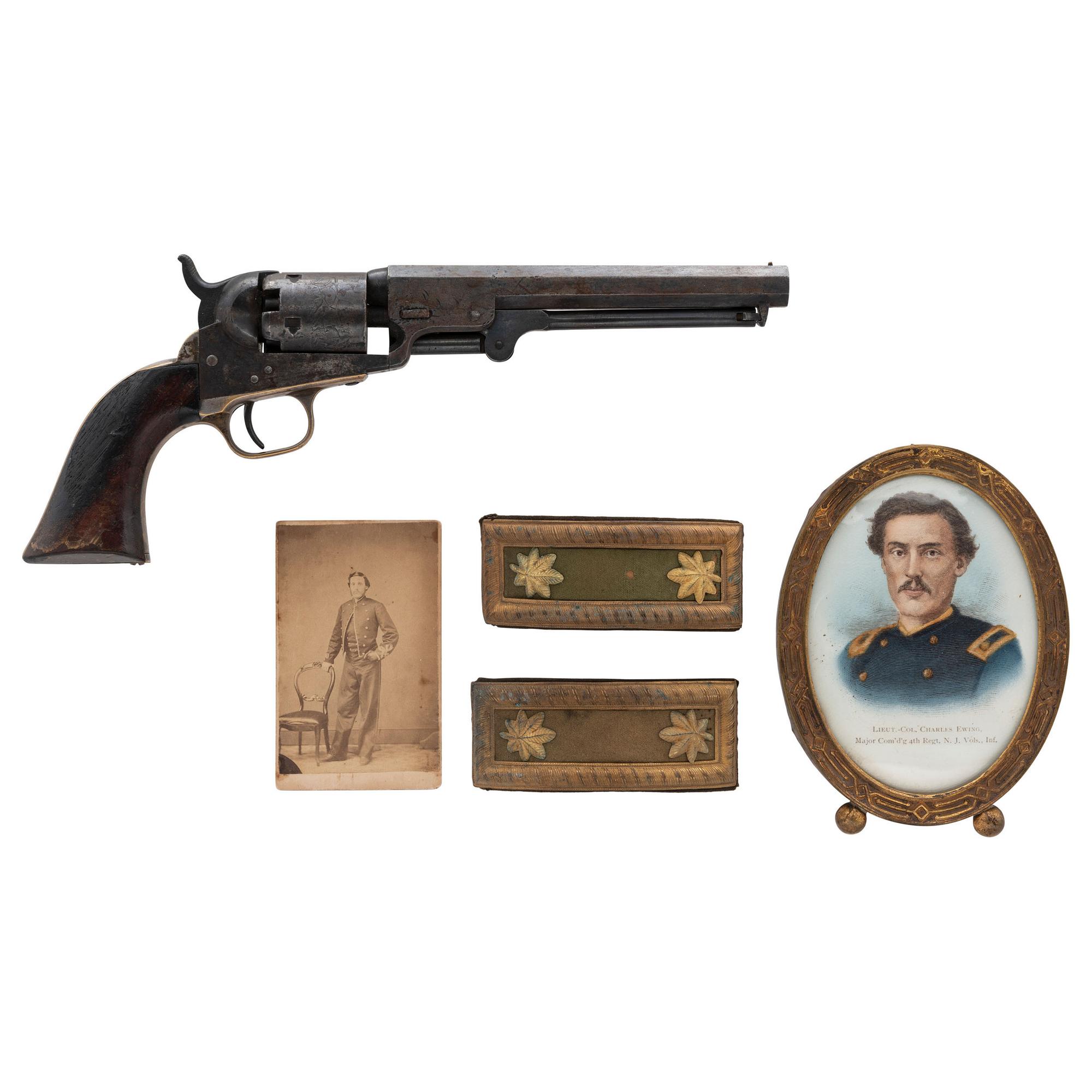 Colt Model 1849 Pocket Revolver Inscribed to Major E. Ewing - 4th NJ - with Archive including CDV, Shoulder Straps and Framed Printed Color Image