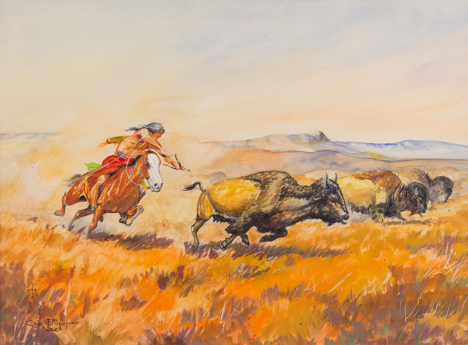 George Phippen, (American, 1915–1966), Western Scene (Chasing Bison)
