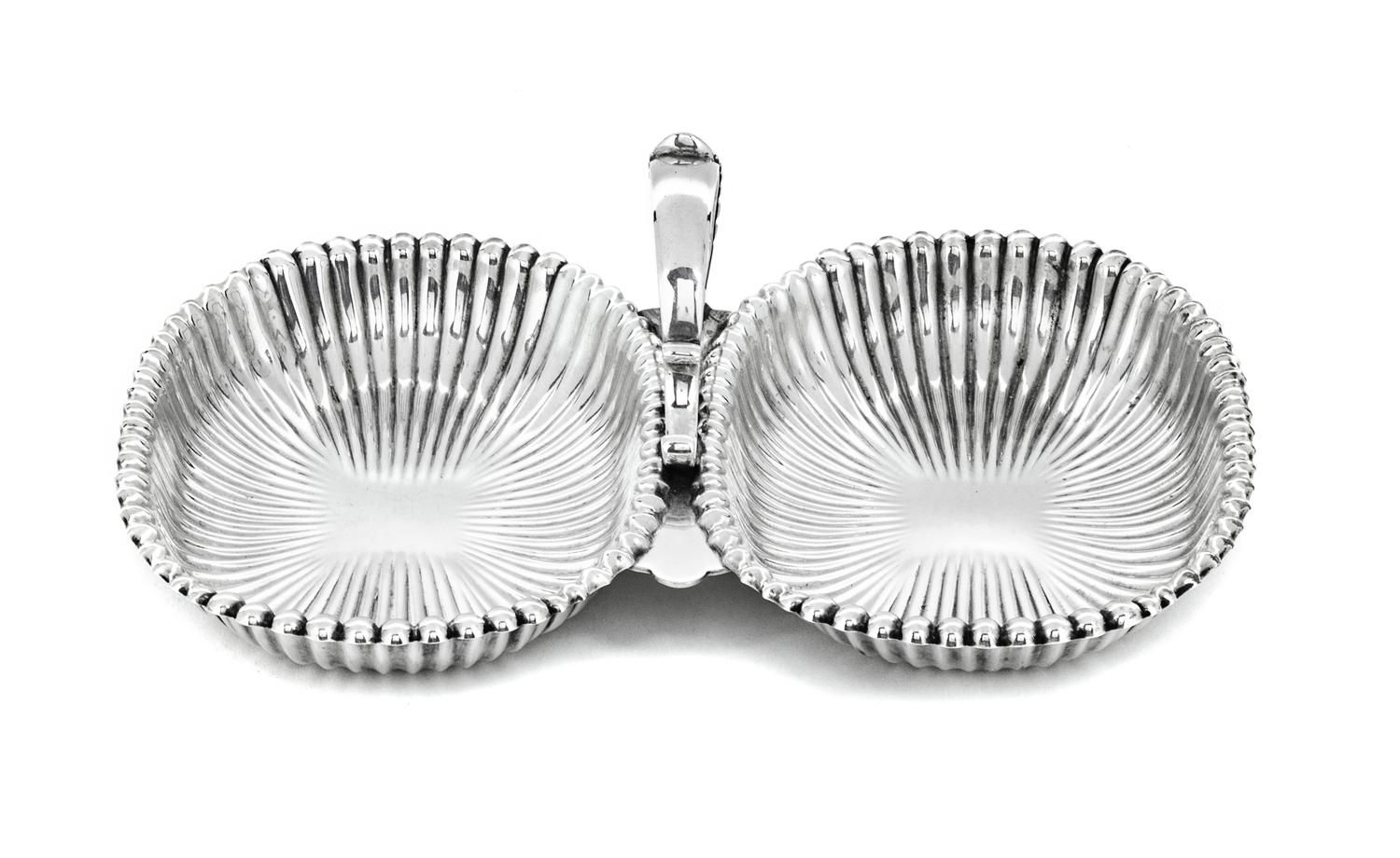An Amerian Silver Double Salt Cellar, Gorham Mfg. Co., Providence, RI, with handle in center.