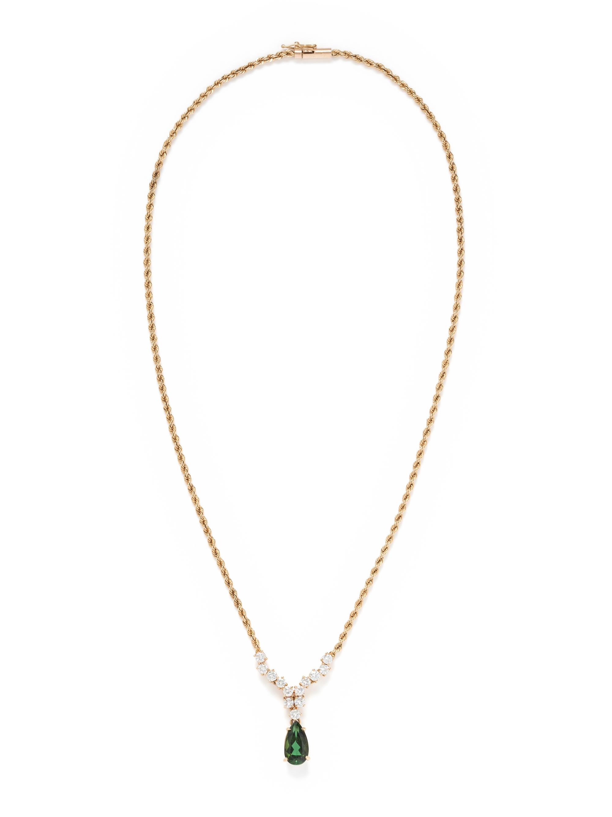 YELLOW GOLD, GREEN TOURMALINE AND DIAMOND NECKLACE