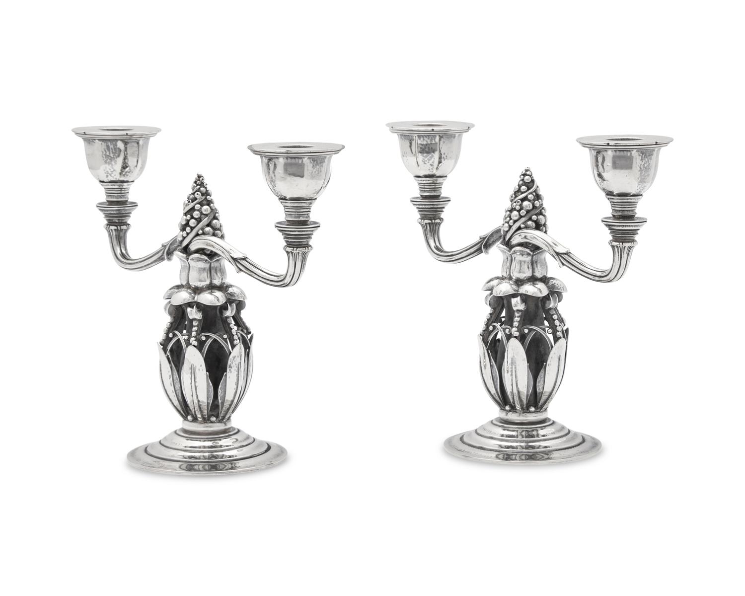 A Pair of Georg Jensen Silver Two-Light Candelabra