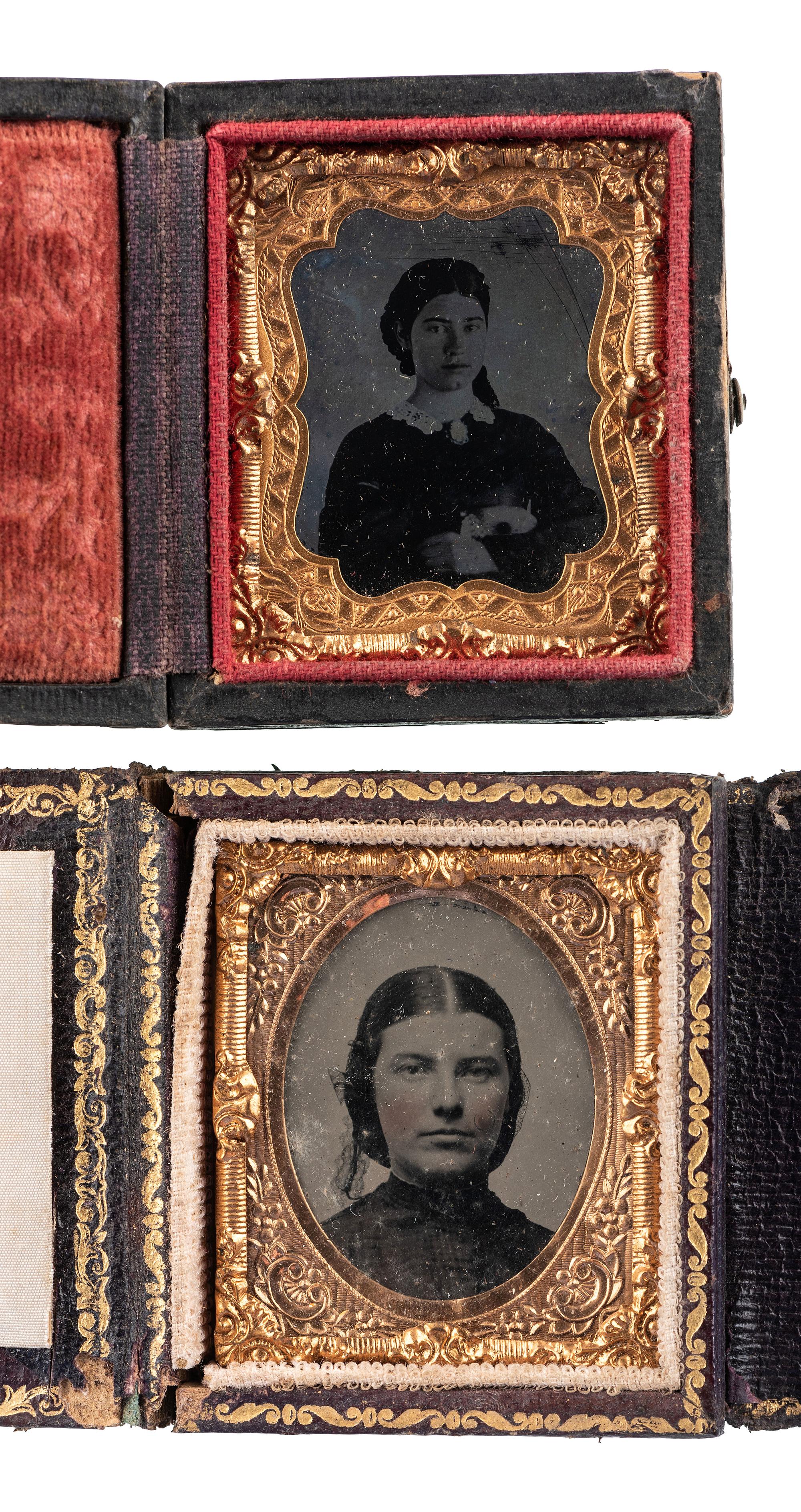 [EARLY PHOTOGRAPHY - PORTRAITURE]. A group of 21 assorted daguerreotypes, ambrotypes, tintypes, and CDVs of men, women, and children, with Kenosha, WI album with tintypes, CDVs, and cabinet cards.