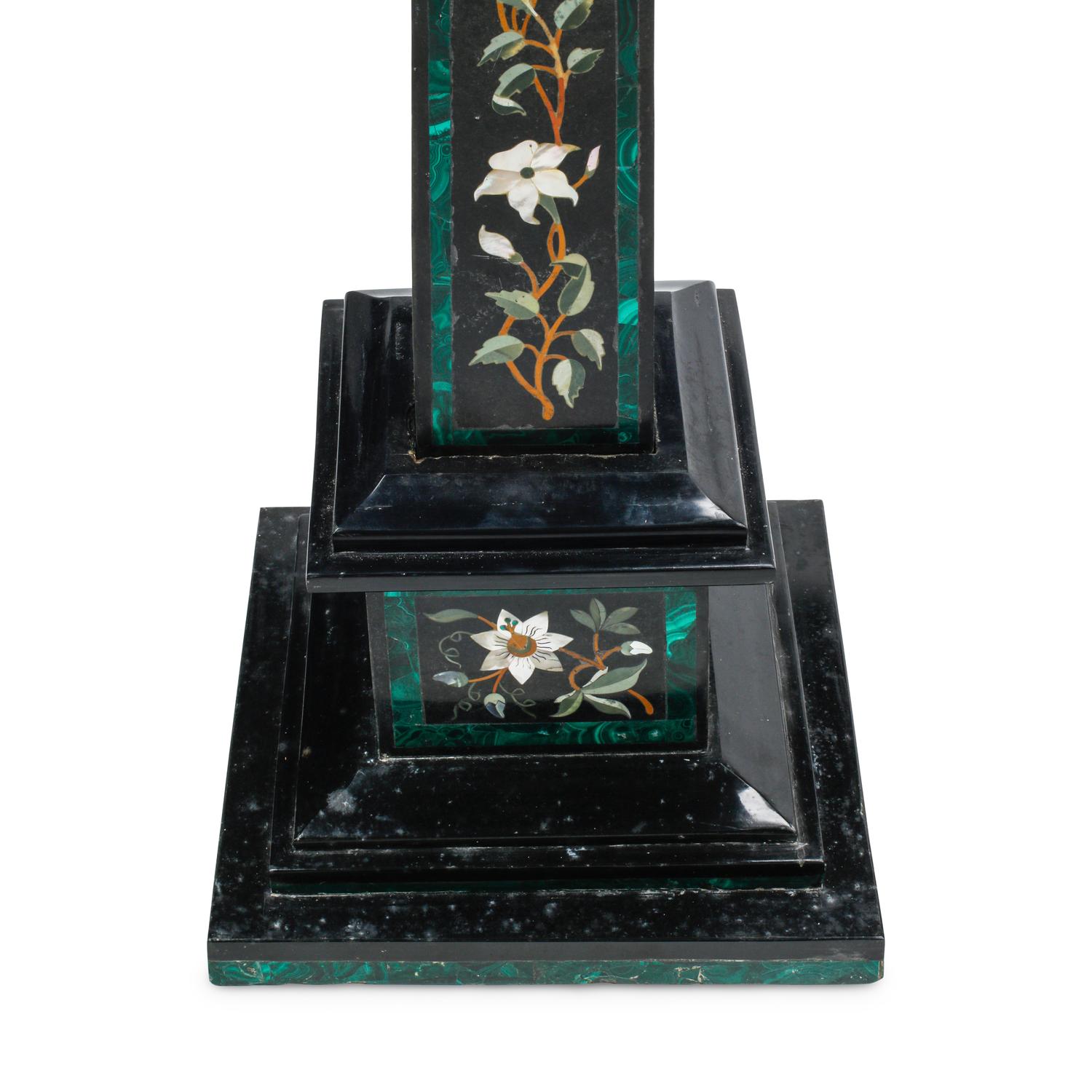 A Pair of Large Pietra Dura, Black Marble and Malachite Obelisks