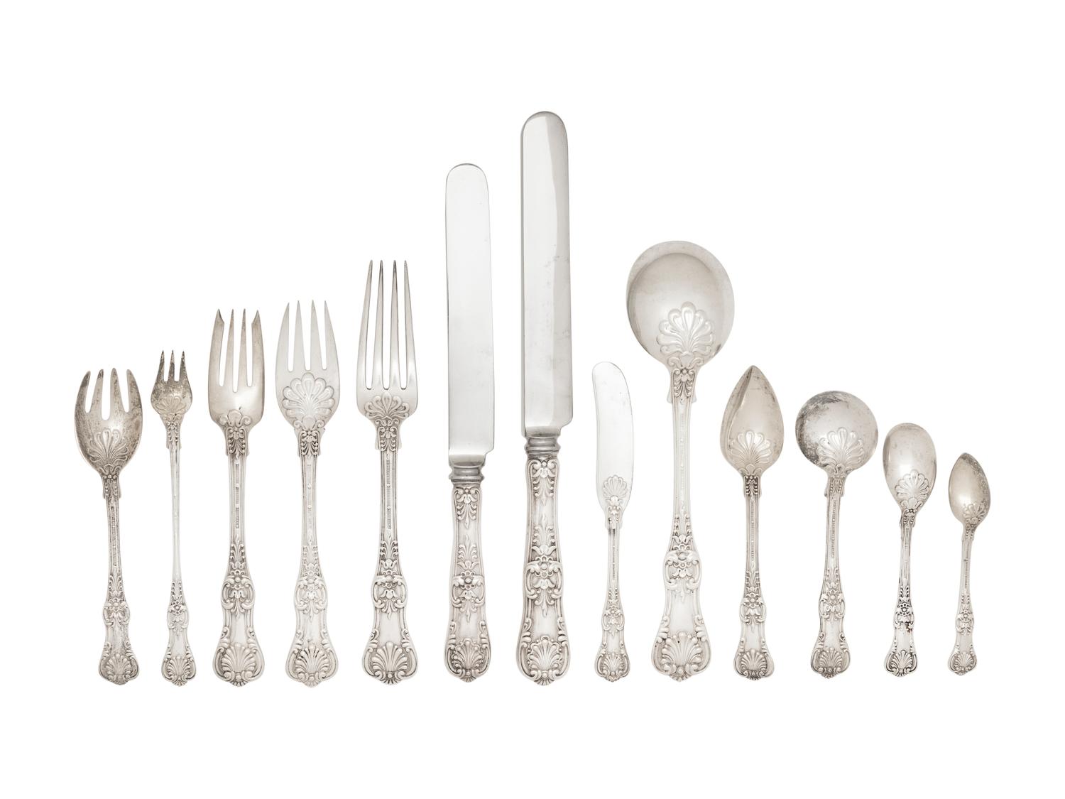 A Tiffany and Co. English King Silver Flatware Service in a Fitted Mahogany Chest