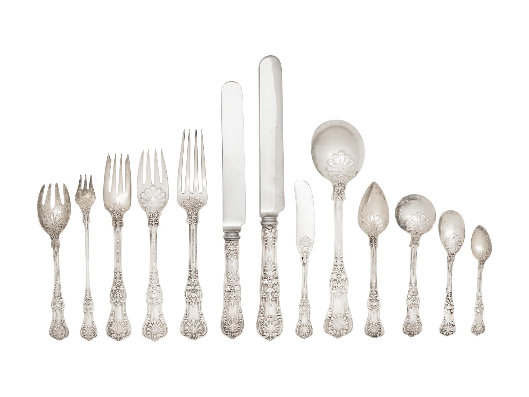 A Tiffany and Co. English King Silver Flatware Service in a Fitted Mahogany Chest