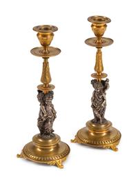 A Pair of Renaissance Revival Part-Silvered Bronze Candlesticks