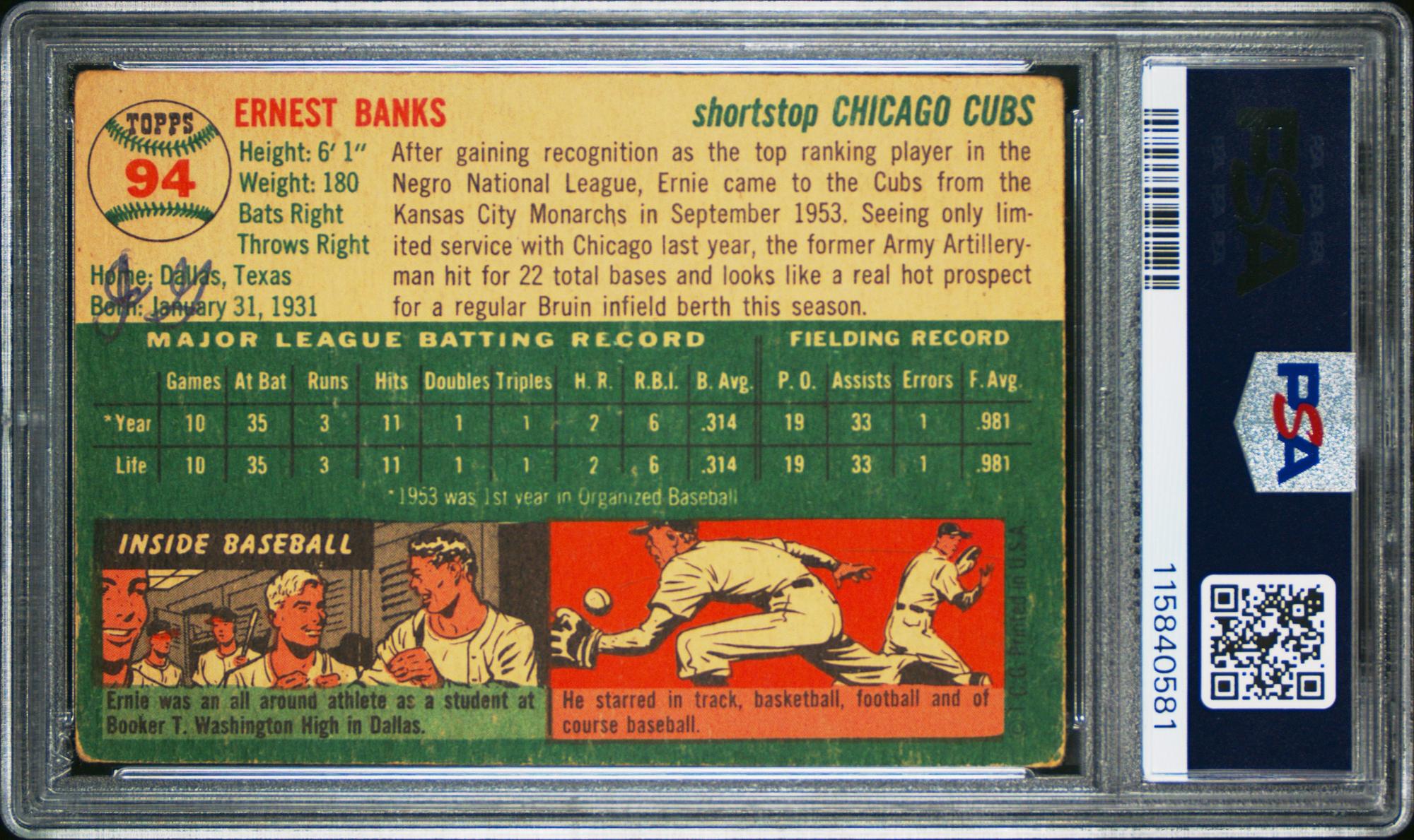 A 1954 Topps Ernie Banks Baseball Card No. 94 (PSA 2 GOOD MK)
