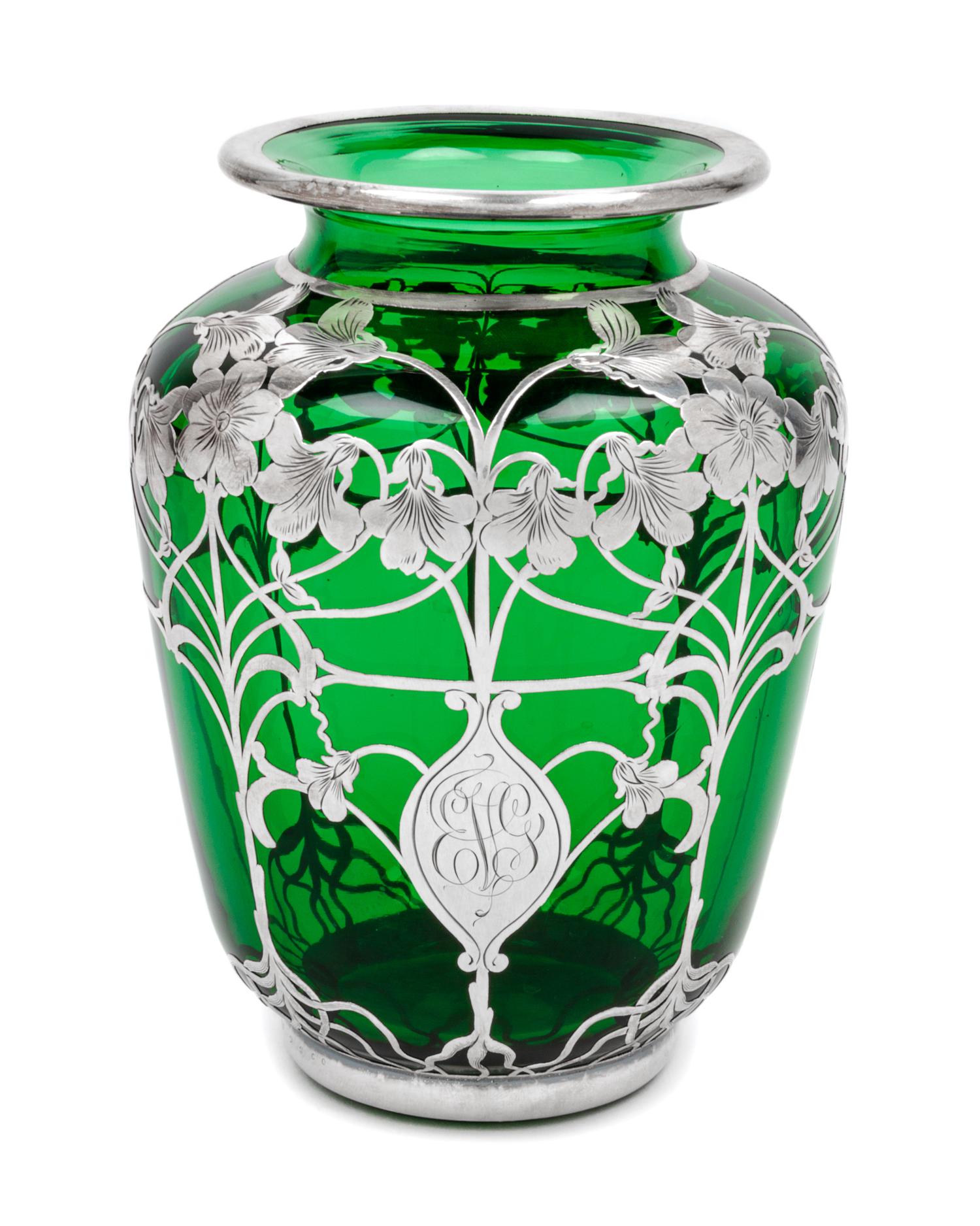 An Art Nouveau Silver Overlay Vase Height 6 1/4 inches.