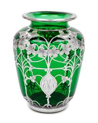 An Art Nouveau Silver Overlay Vase Height 6 1/4 inches.