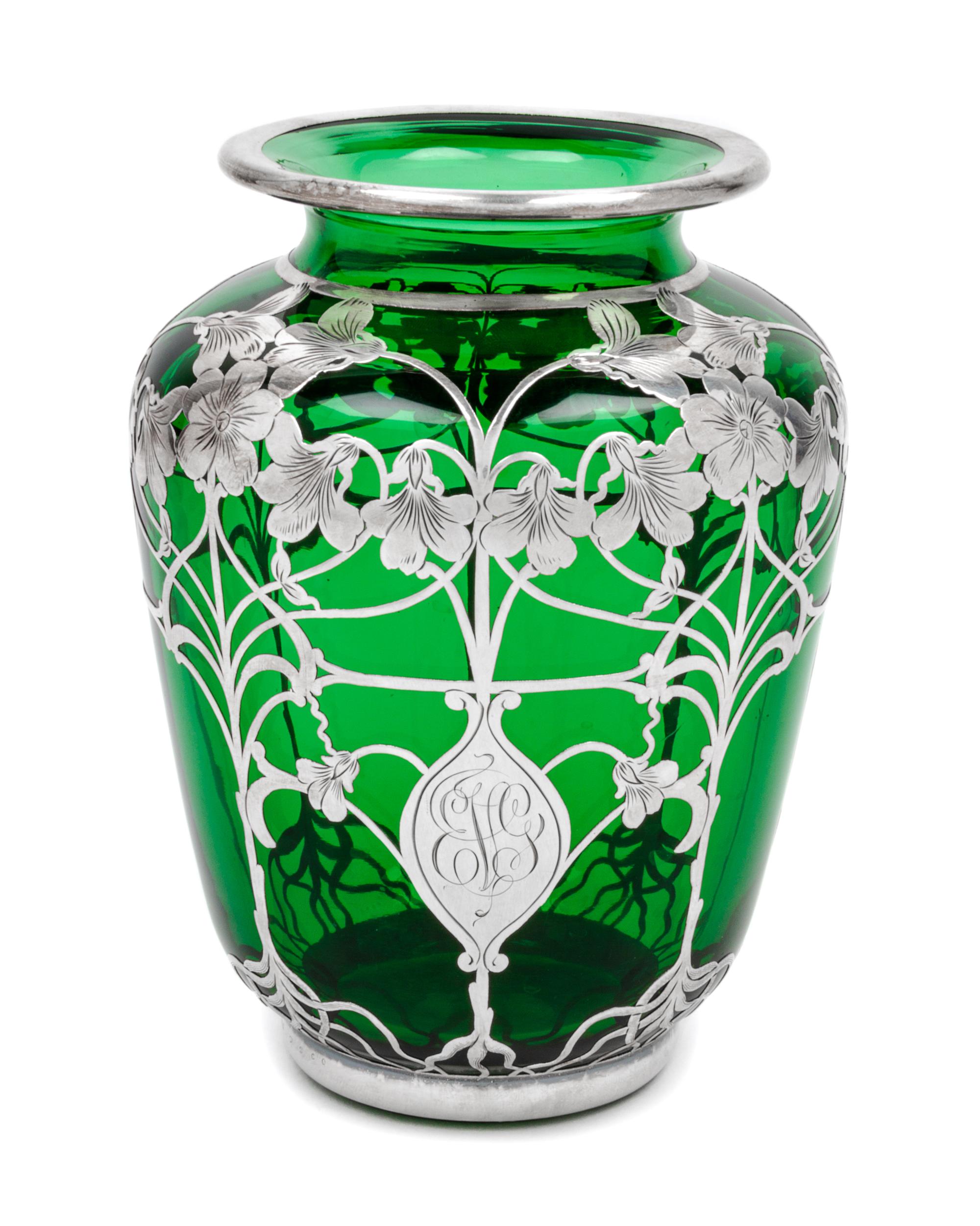 An Art Nouveau Silver Overlay Vase Height 6 1/4 inches.