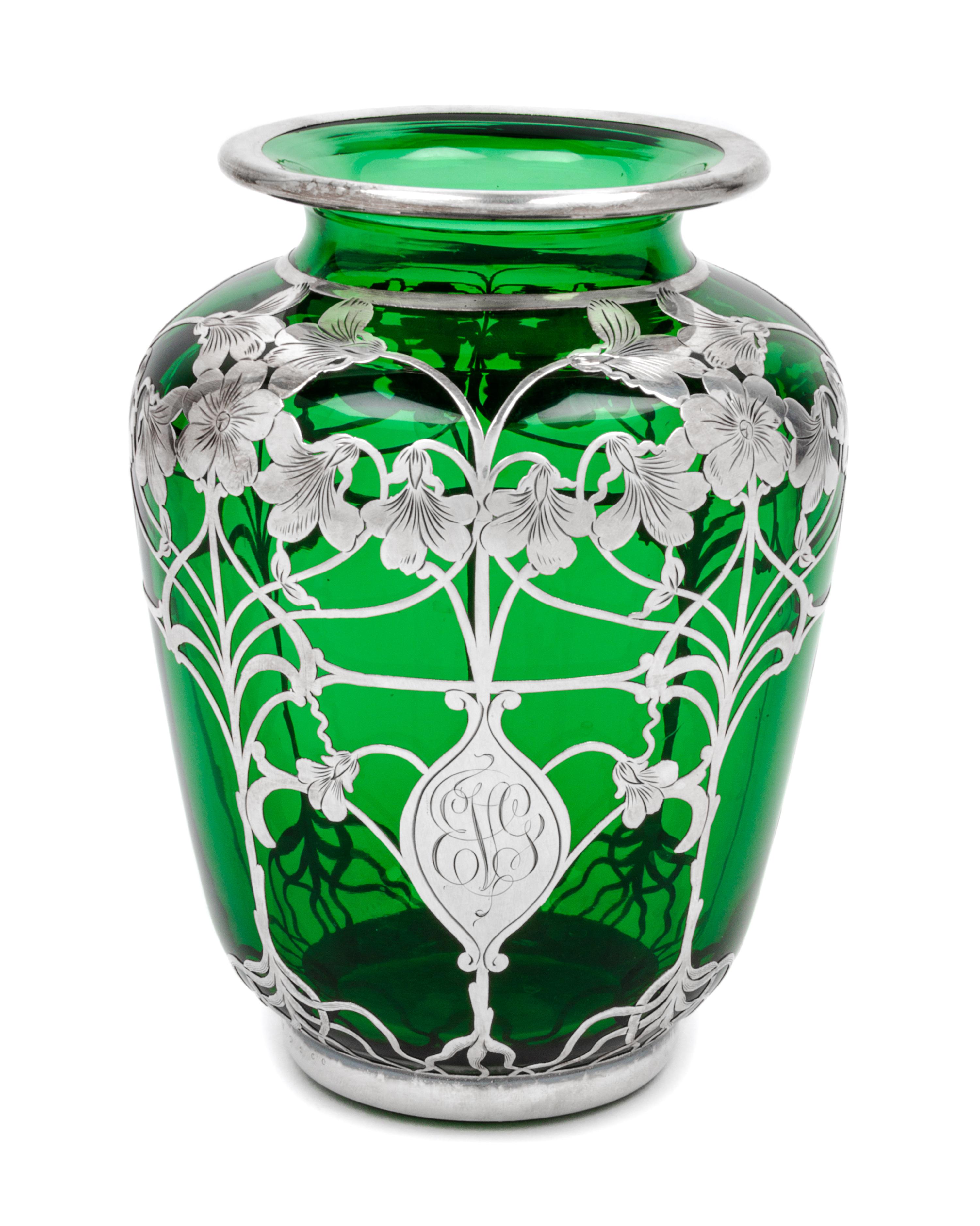 An Art Nouveau Silver Overlay Vase Height 6 1/4 inches.