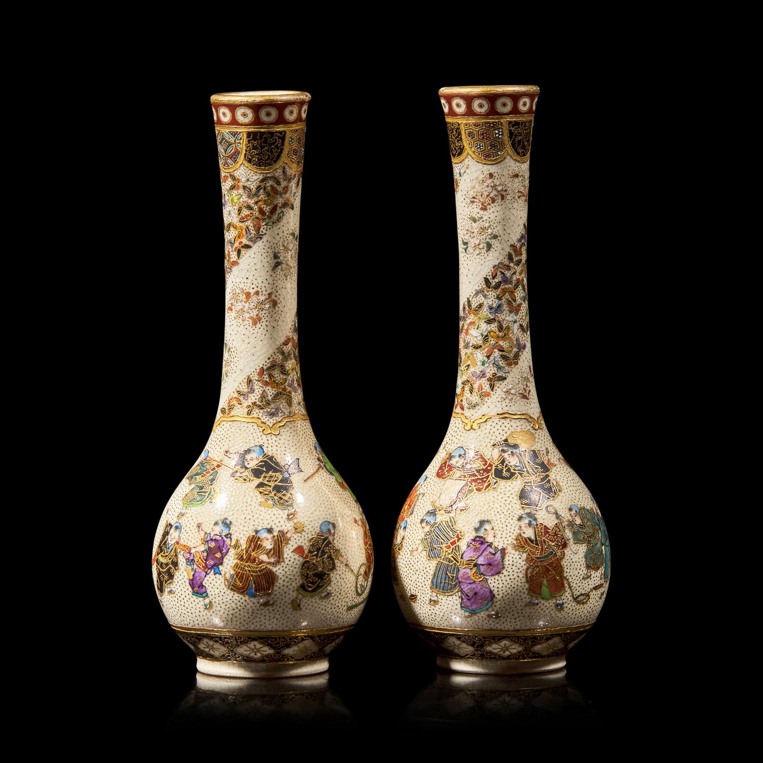 A Pair of Satsuma-Type 'Playing Boys' Cabinet Vases, Yabu Meizan; Meiji Period
