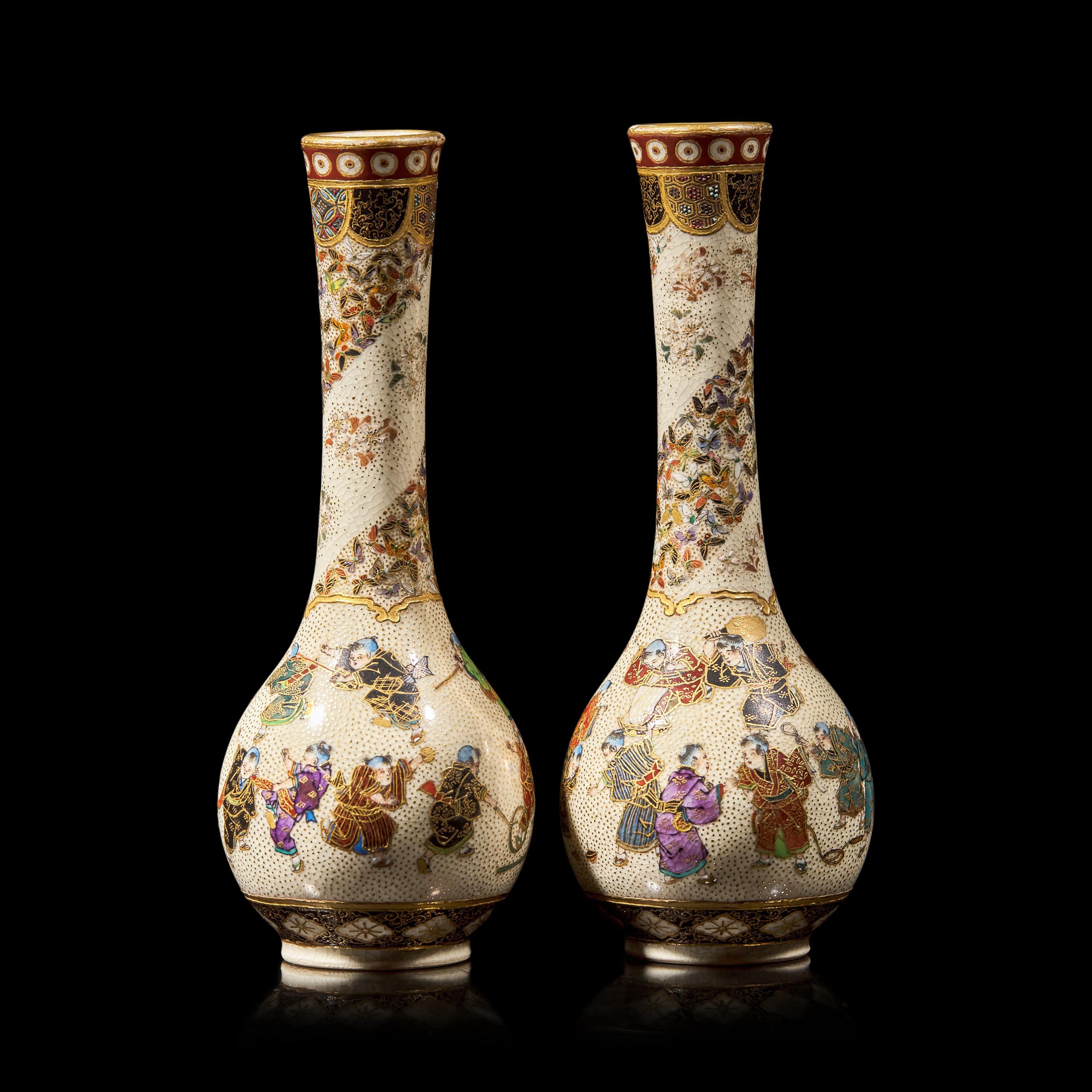 A Pair of Satsuma-Type 'Playing Boys' Cabinet Vases, Yabu Meizan; Meiji Period