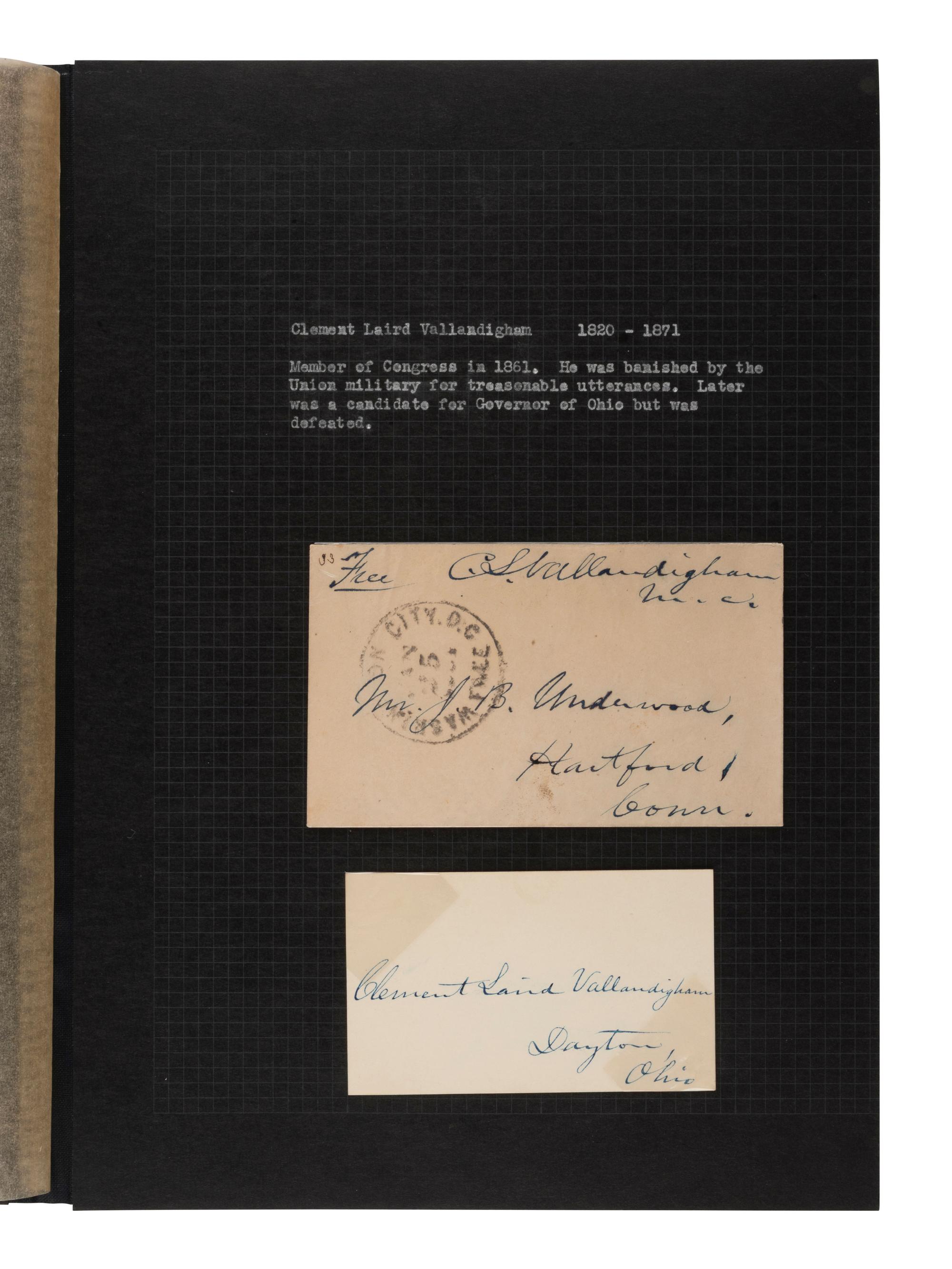 VALLANDIGHAM, Clement (1820-1871). 2 autographs, incl. signed free frank.