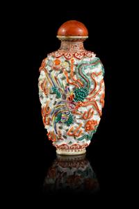 A Molded Iron-Red and Famille Rose Porcelain Snuff Bottle
