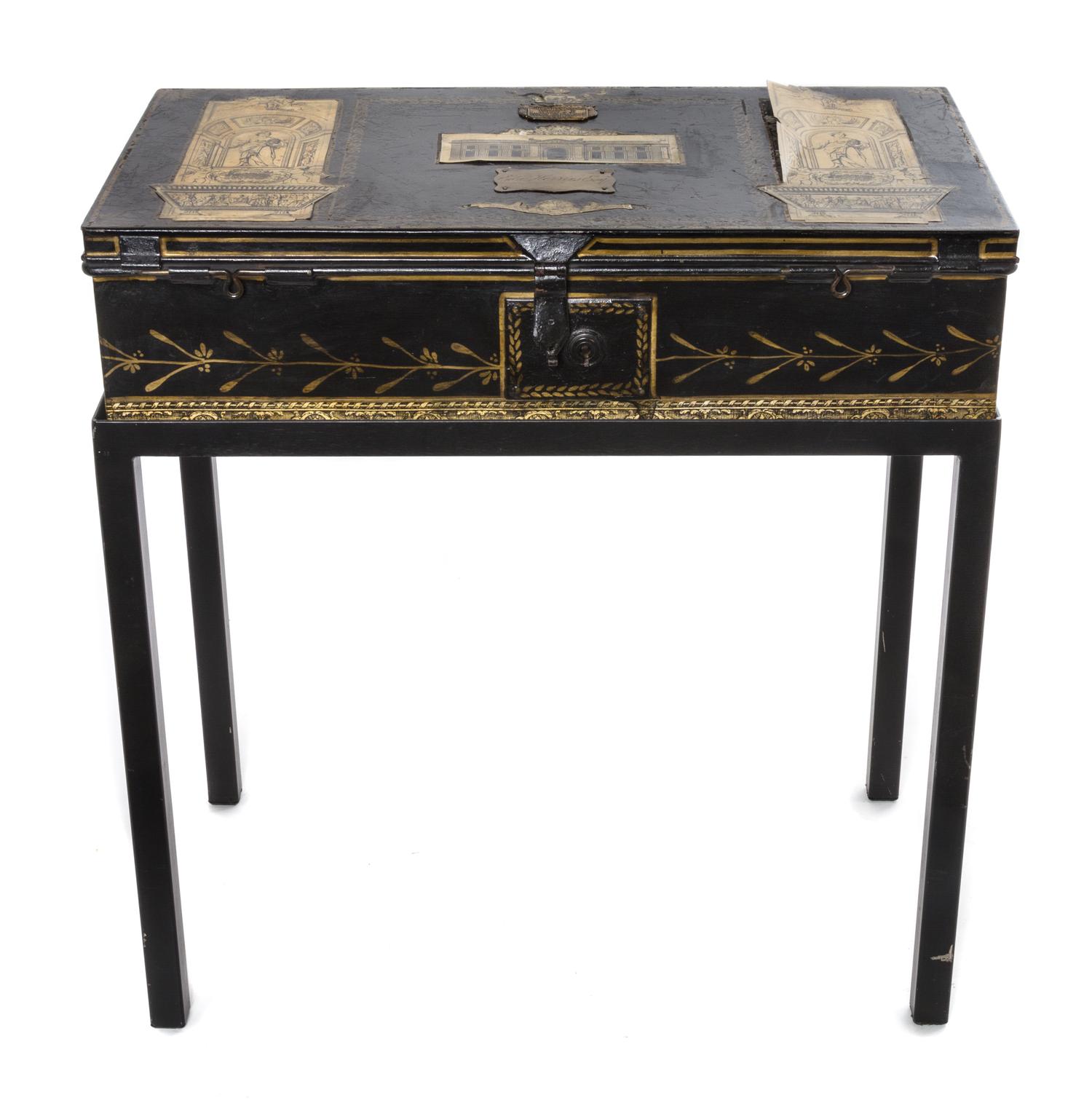 An English Toleware and Decoupage Trunk, 19TH CENTURY, RETAILED BY RIDPATH & MANNING, LONDON, Height of trunk 6 x width 22 1/2 x depth — 19TH CENTURY, RETAILED BY RIDPATH & MANNING, LONDON,
