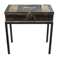 An English Toleware and Decoupage Trunk, 19TH CENTURY, RETAILED BY RIDPATH & MANNING, LONDON, Height of trunk 6 x width 22 1/2 x depth — 19TH CENTURY, RETAILED BY RIDPATH & MANNING, LONDON,