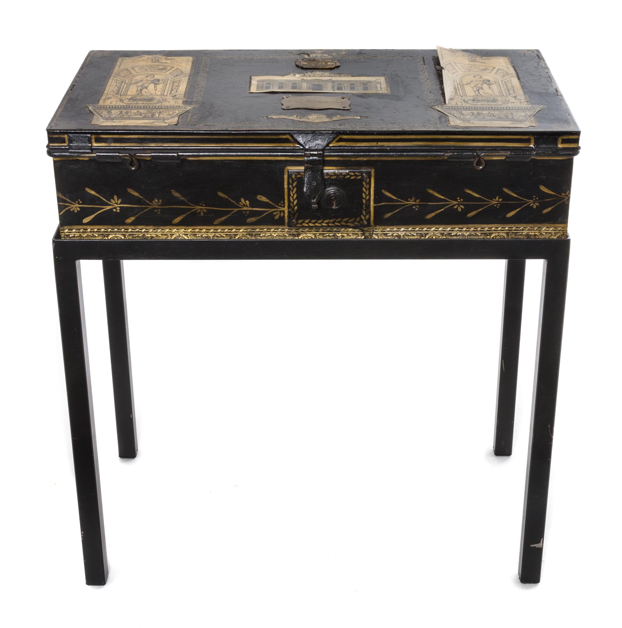 An English Toleware and Decoupage Trunk, 19TH CENTURY, RETAILED BY RIDPATH & MANNING, LONDON, Height of trunk 6 x width 22 1/2 x depth — 19TH CENTURY, RETAILED BY RIDPATH & MANNING, LONDON,