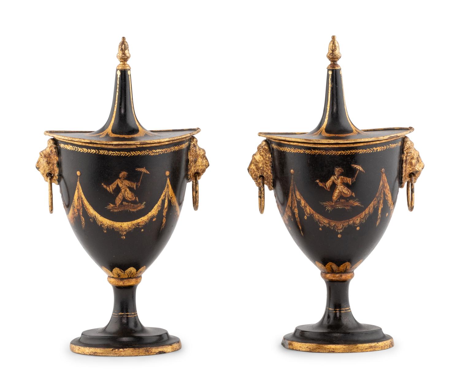A Pair of Regency Tole Piente Urns
