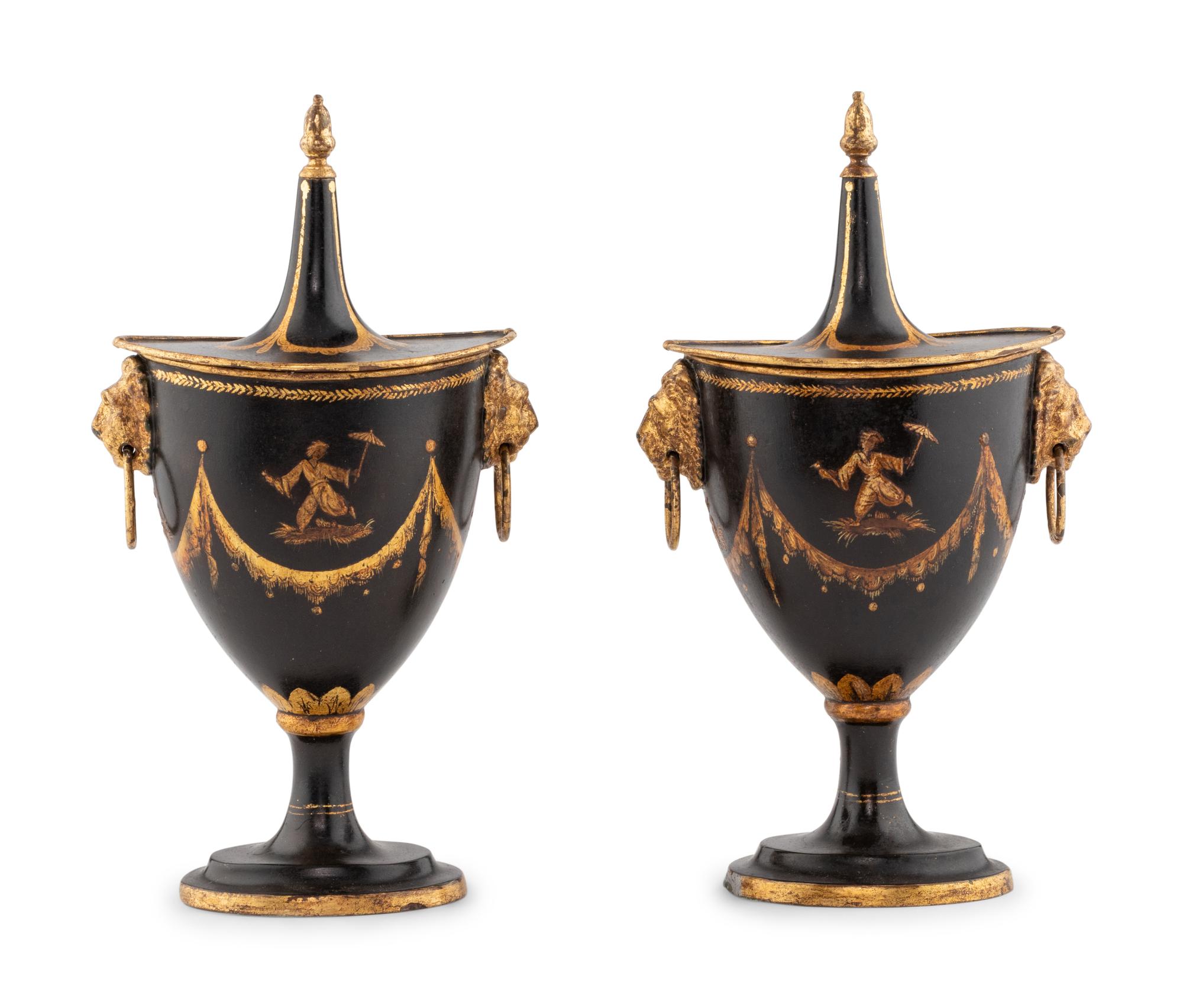 A Pair of Regency Tole Piente Urns