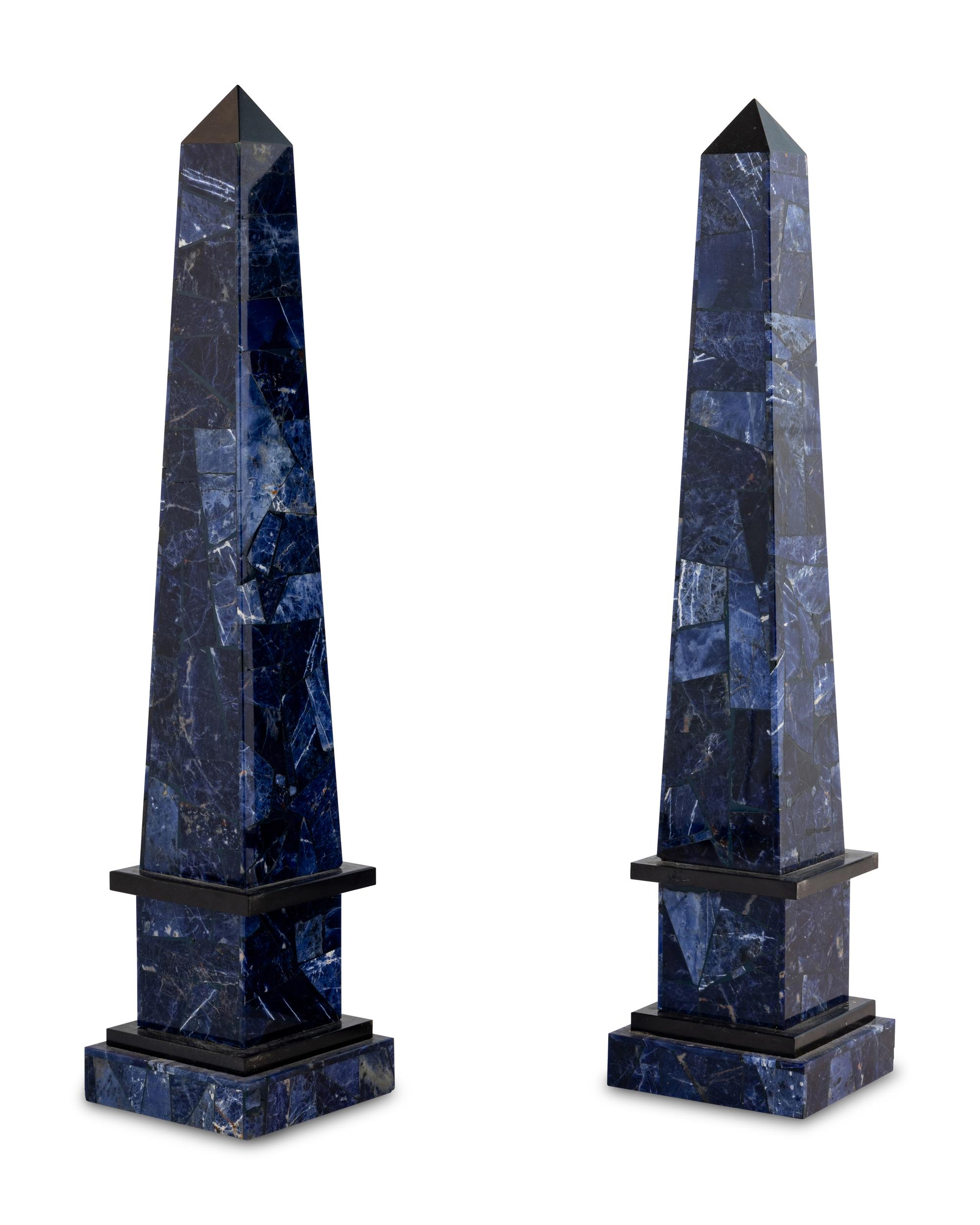 A Pair of Blue Quartz-Veneered Obelisks