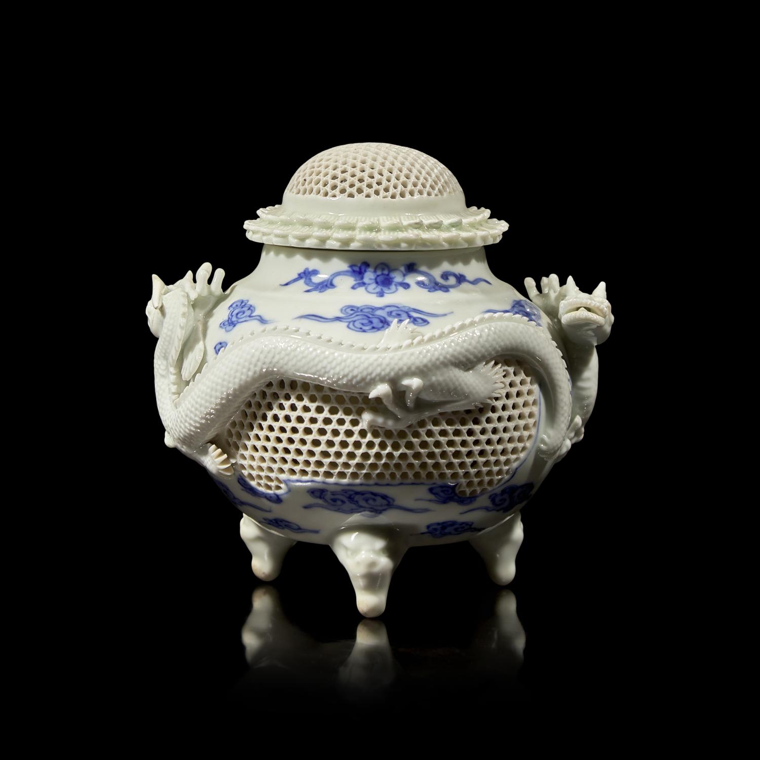 A Japanese Hirado "Dragons" Koro with Reticulated Cover and Base, Meiji Period