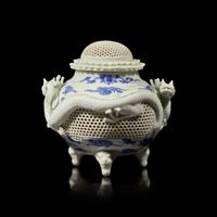 A Japanese Hirado "Dragons" Koro with Reticulated Cover and Base, Meiji Period