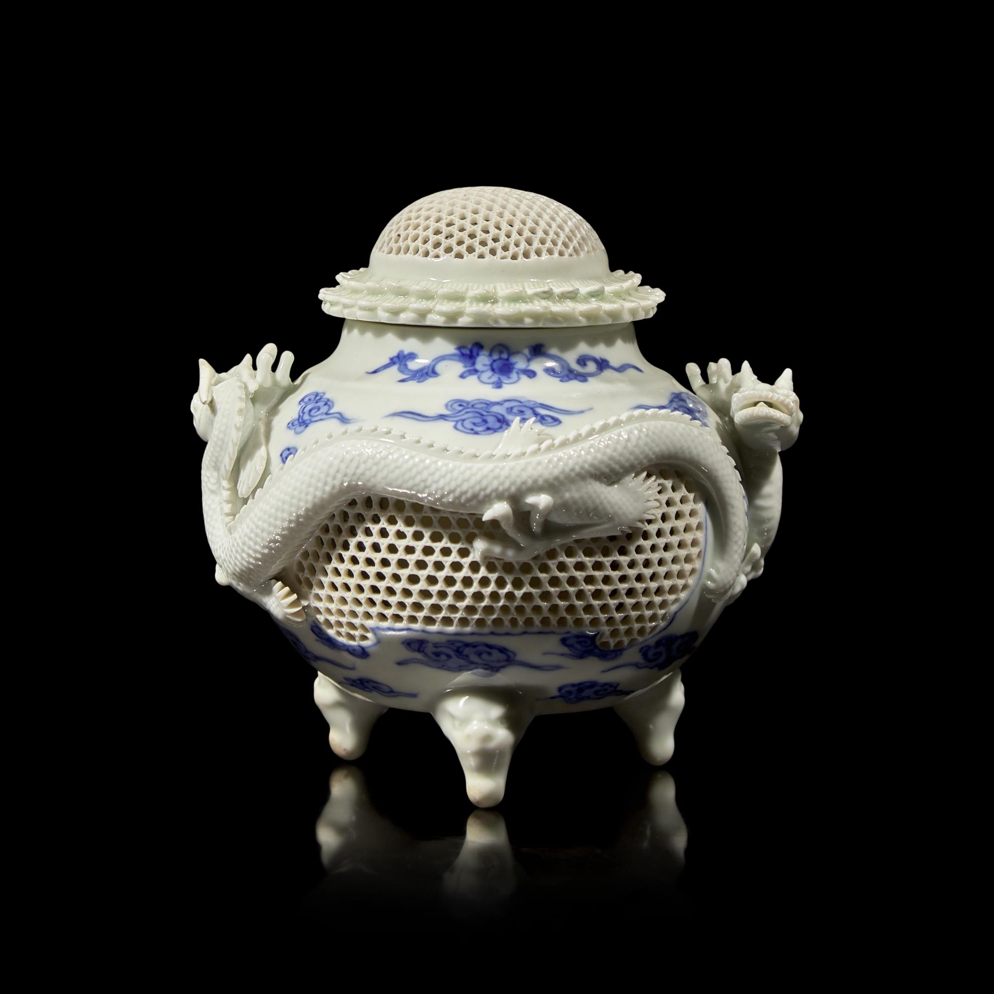 A Japanese Hirado "Dragons" Koro with Reticulated Cover and Base, Meiji Period