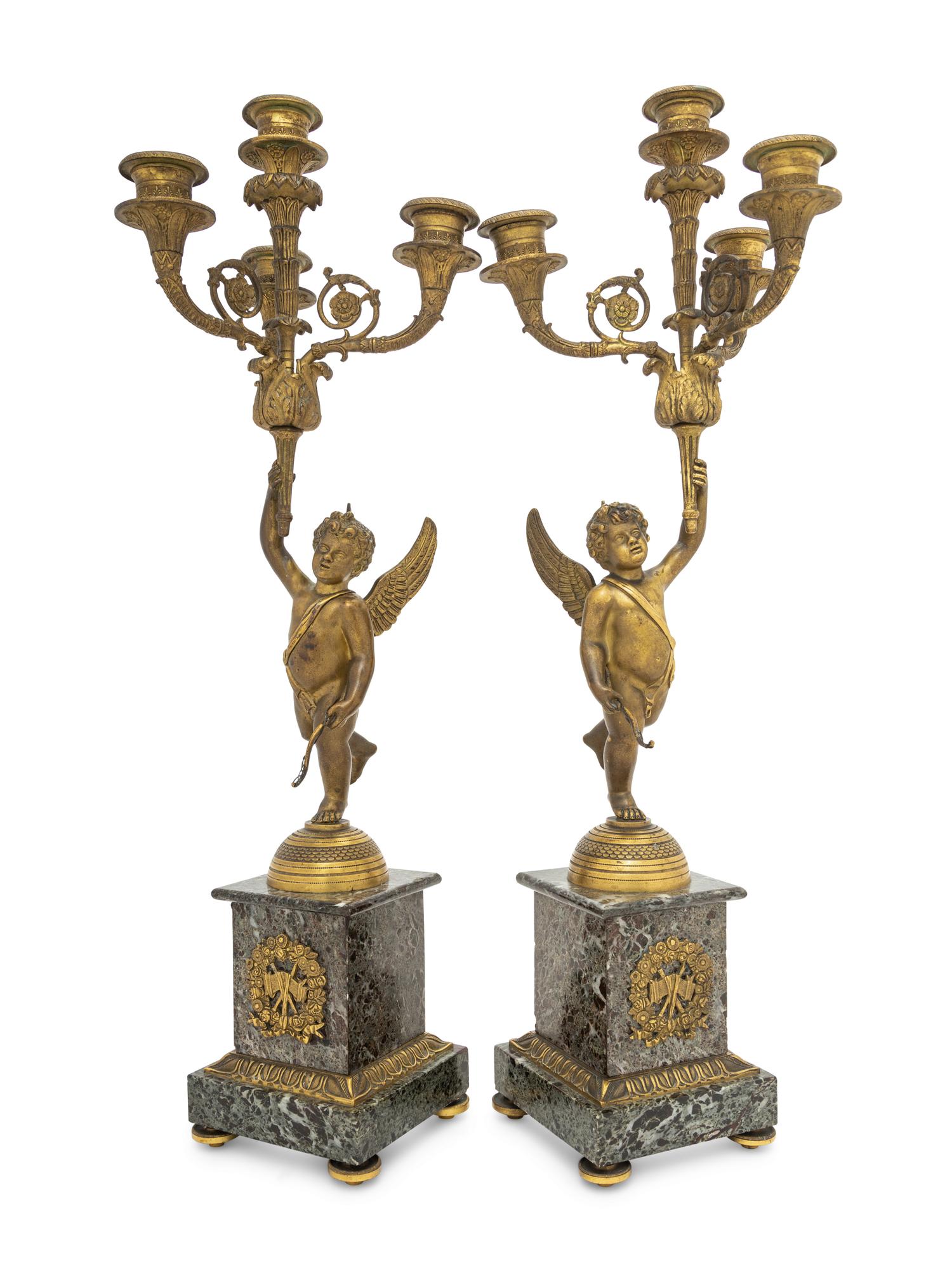 A Pair of Empire Style Gilt Bronze and Marble Four-Light Candelabra