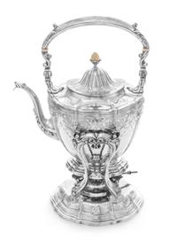 An American Silver Kettle on Lampstand, Wiilliam B. Durgin for Gorham Mfg. Co., Providence, RI, having a blossom-form finial and swing