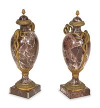A Pair of Italian Gilt Bronze Mounted Rosso Levanto Marble Urns with Snake Handles