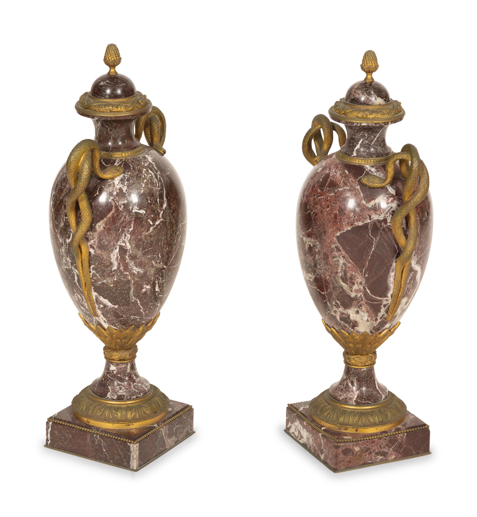 A Pair of Italian Gilt Bronze Mounted Rosso Levanto Marble Urns with Snake Handles