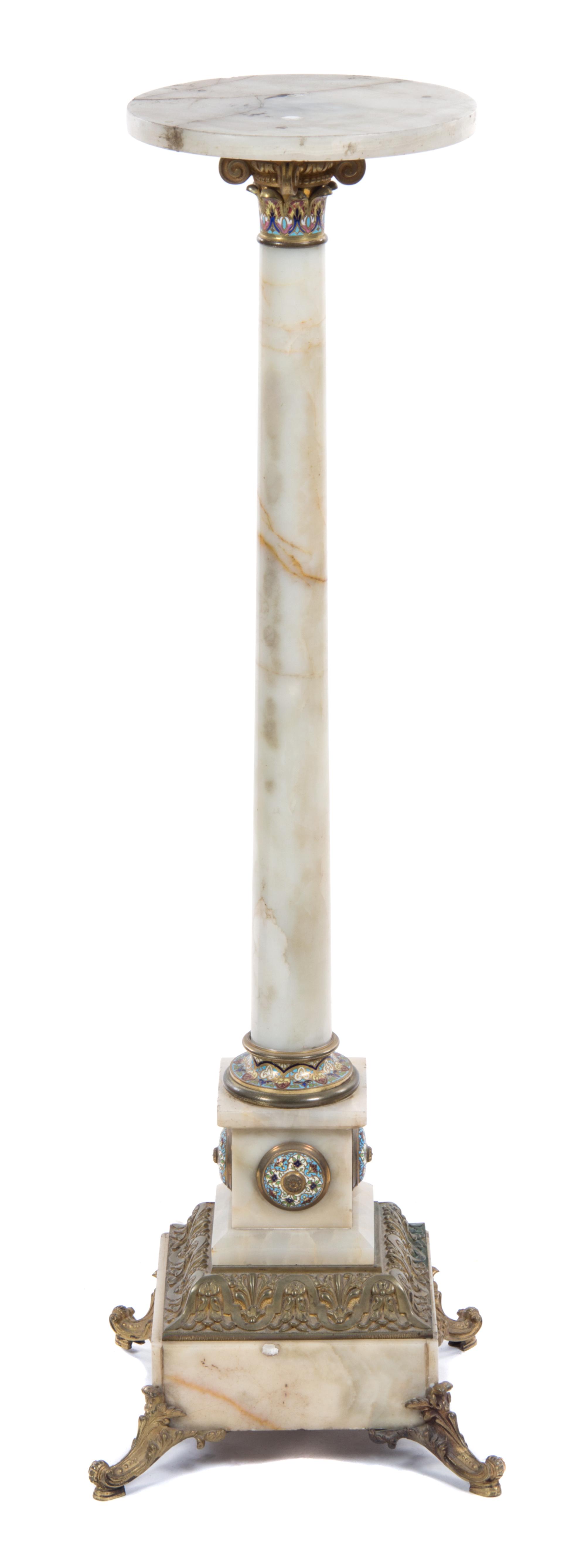 A Continental Champleve Decorated and Gilt Bronze Mounted Onyx Pedestal, Height 46 inches.