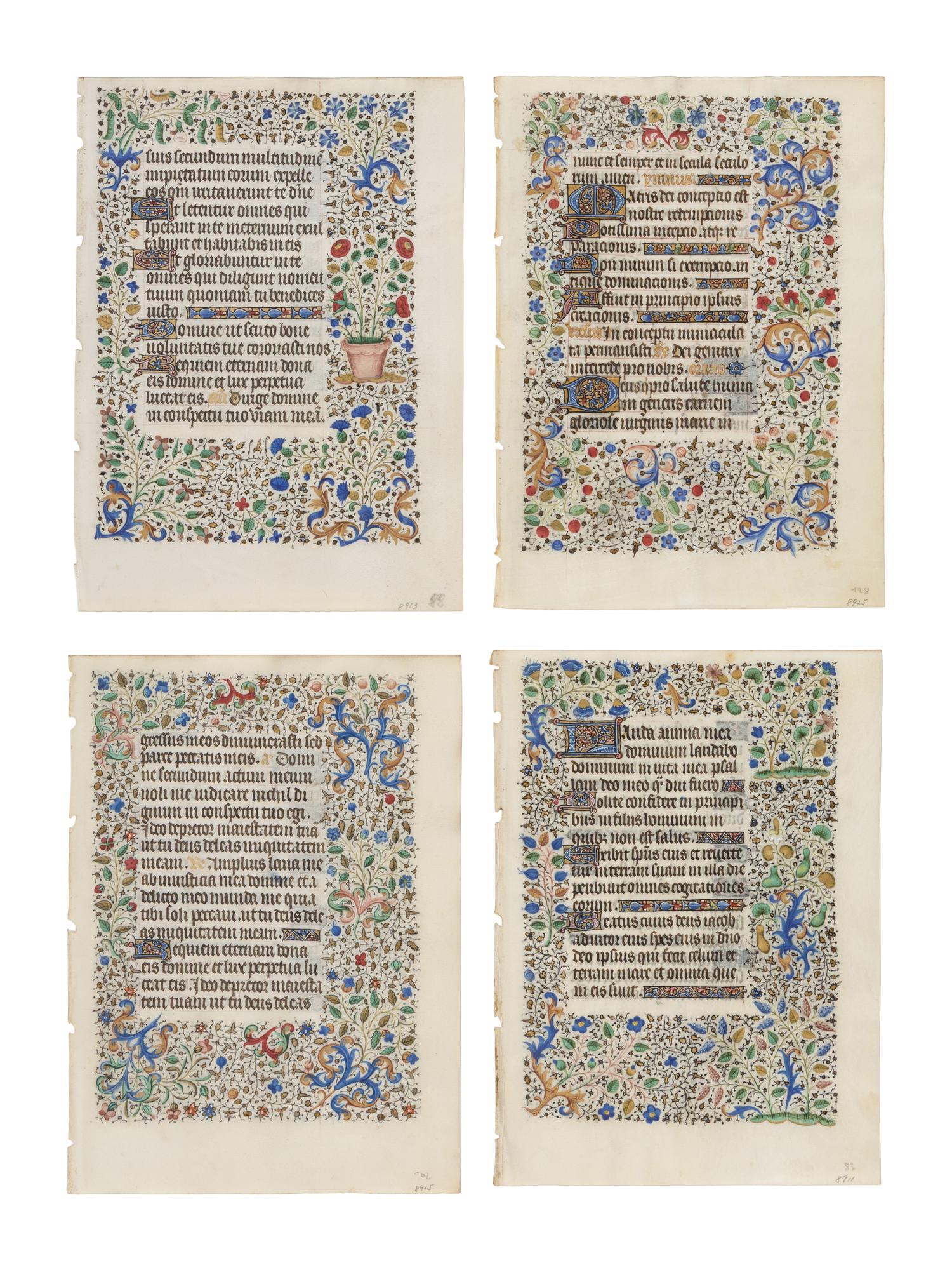 JEAN HAINCELIN (active Paris 1435-1460) and MASTER OF SAINT STEPHEN (active Paris, c. 1440-1460) Four leaves from a Book of Hours, in Latin and French, illuminated manuscript on vellum [France, Paris, c. 1440–1460]