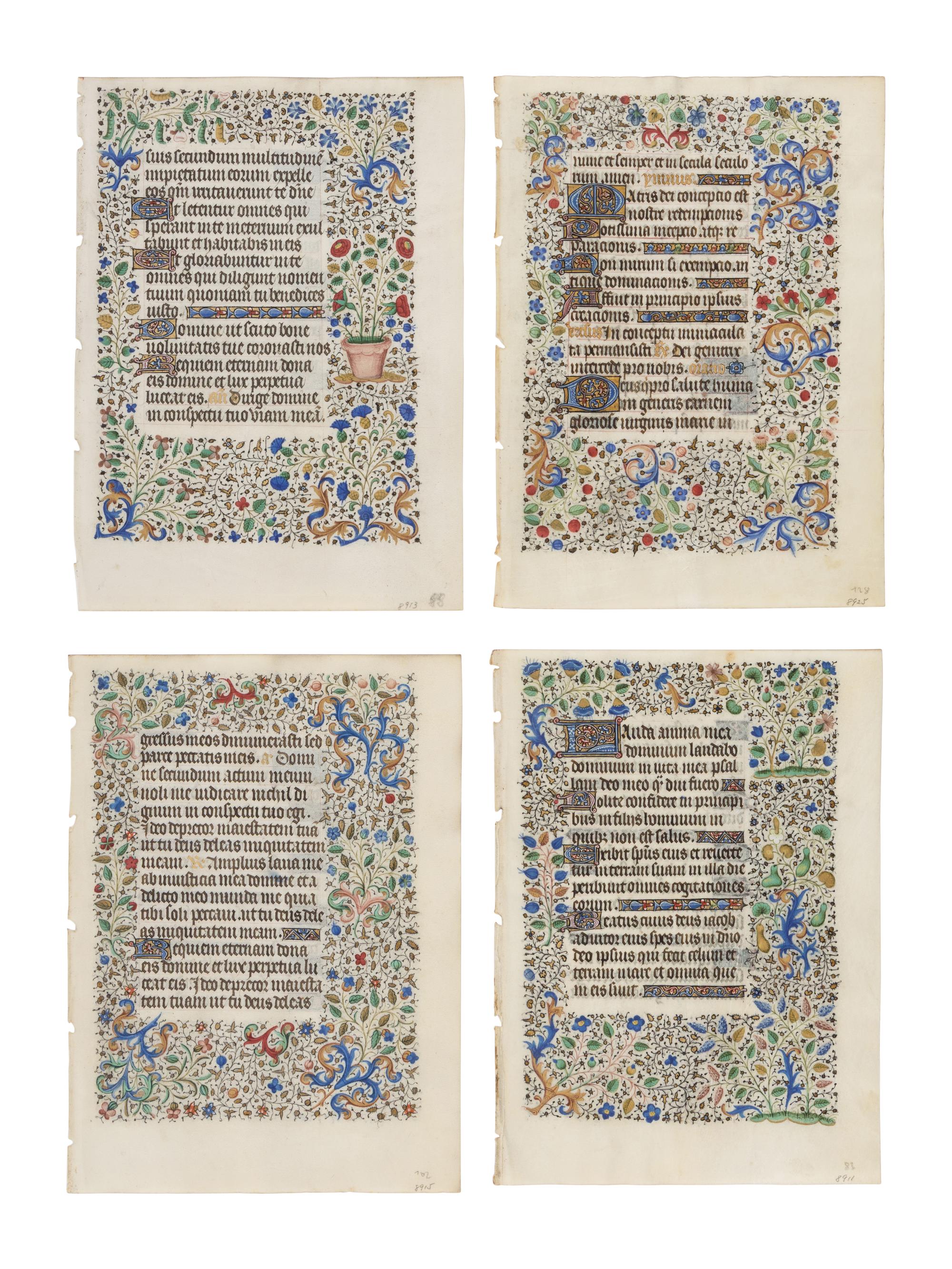 JEAN HAINCELIN (active Paris 1435-1460) and MASTER OF SAINT STEPHEN (active Paris, c. 1440-1460) Four leaves from a Book of Hours, in Latin and French, illuminated manuscript on vellum [France, Paris, c. 1440–1460]