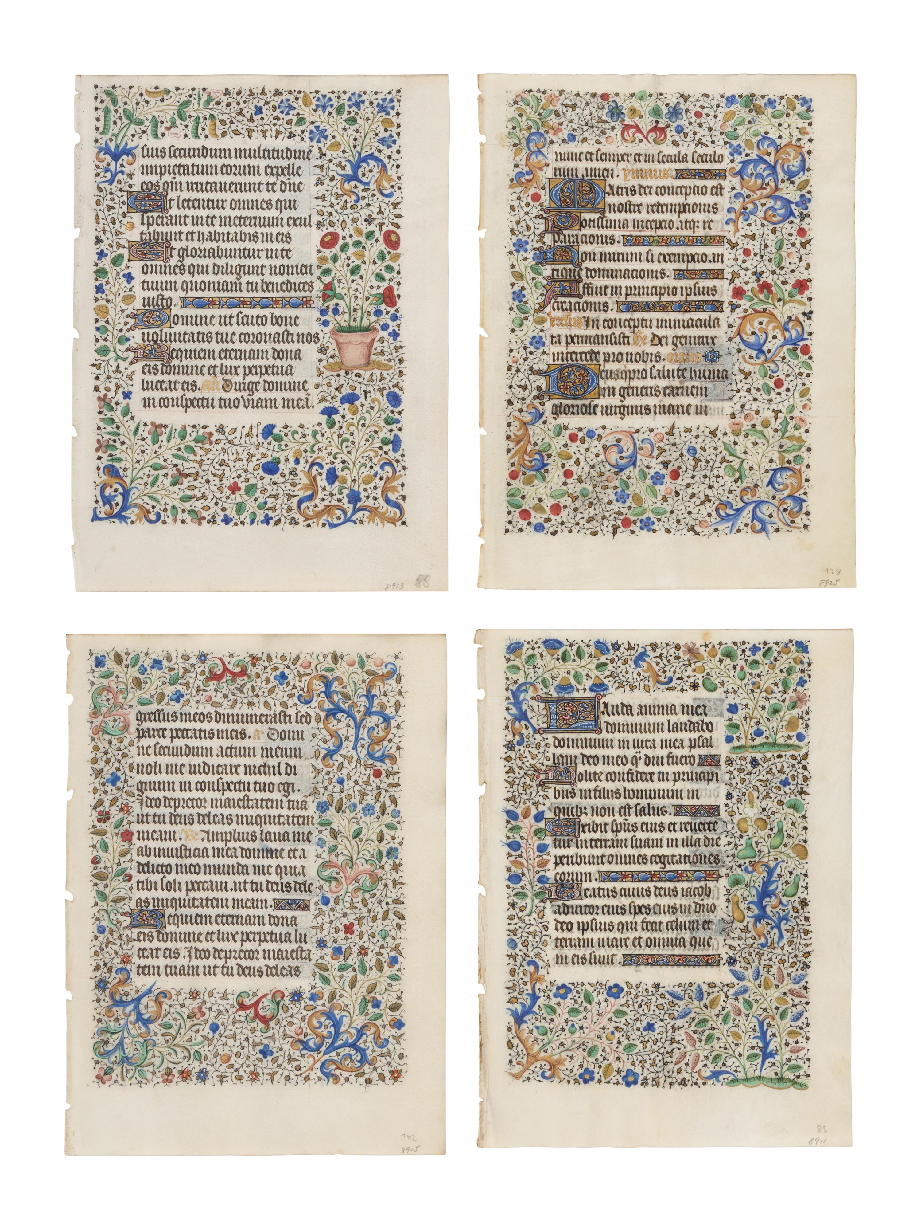 JEAN HAINCELIN (active Paris 1435-1460) and MASTER OF SAINT STEPHEN (active Paris, c. 1440-1460) Four leaves from a Book of Hours, in Latin and French, illuminated manuscript on vellum [France, Paris, c. 1440–1460]