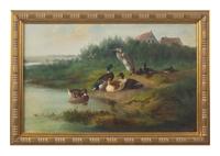 Heron Among Eight Ducks at the Edge of a Pond , 1867