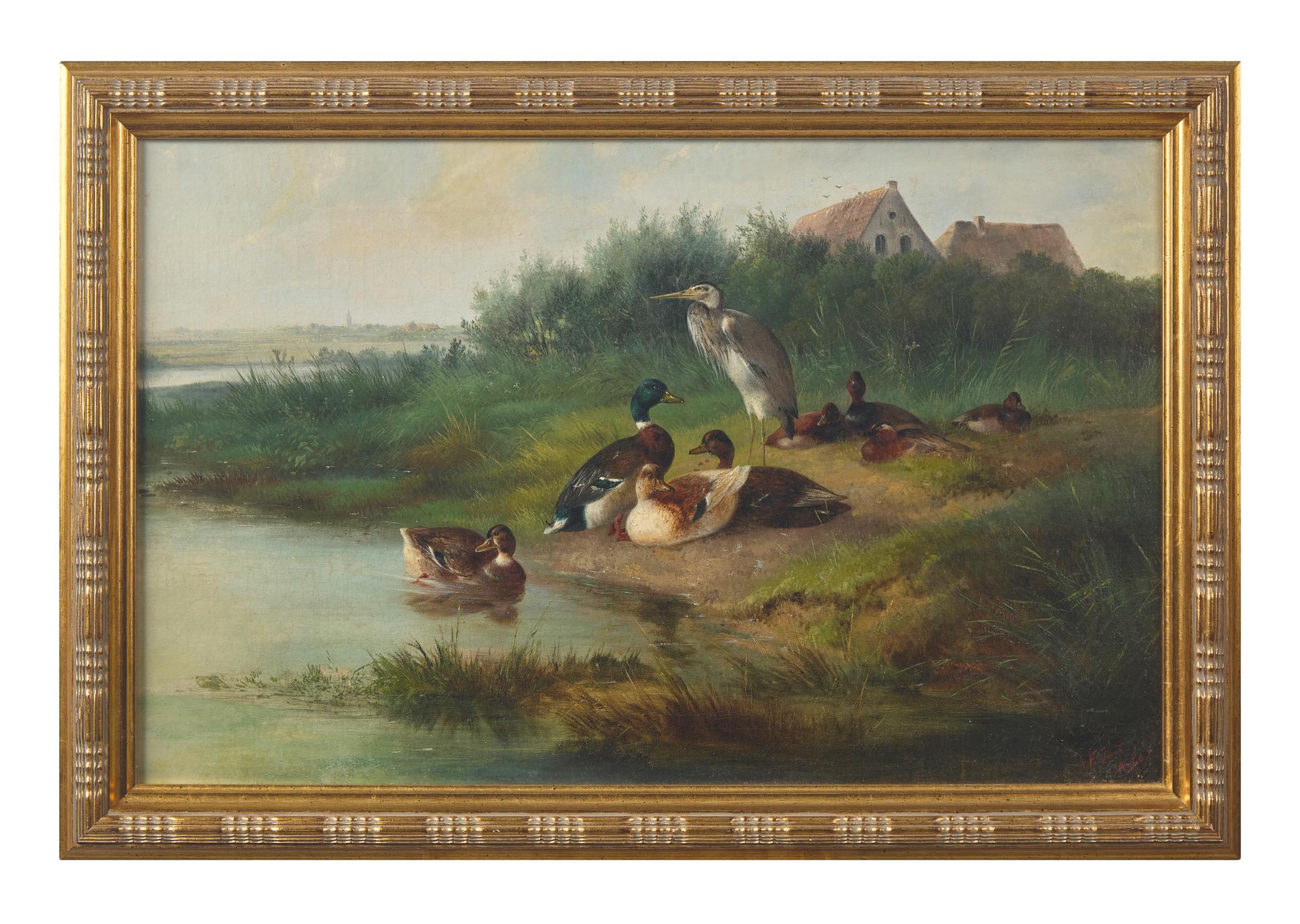 Heron Among Eight Ducks at the Edge of a Pond , 1867