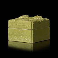 A Chinese Lime-Green Glazed Porcelain 'Dragons' Square Seal Paste Box and Cover, Late Qing Dynasty, Wang Bingrong Impressed Seal Mark 清晚期 王炳榮款檸檬綠釉模印雕二龍戲珠紋方型蓋盒
