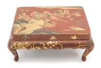 A Japanese Red and Gilt Lacquer Miniature Presentation Table Height 4 1/2 x width 10 7/8 x depth 8 7/8 inches. — 20TH CENTURY