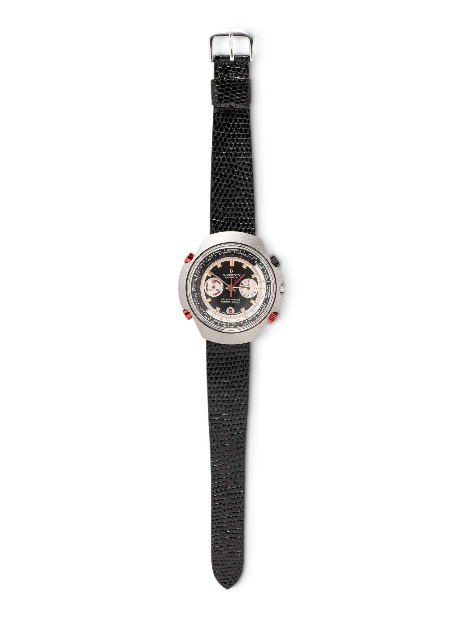 HAMILTON, REF. 141001-3 STAINLESS STEEL 'CHRONO-MATIC COUNT-DOWN GMT' WATCH