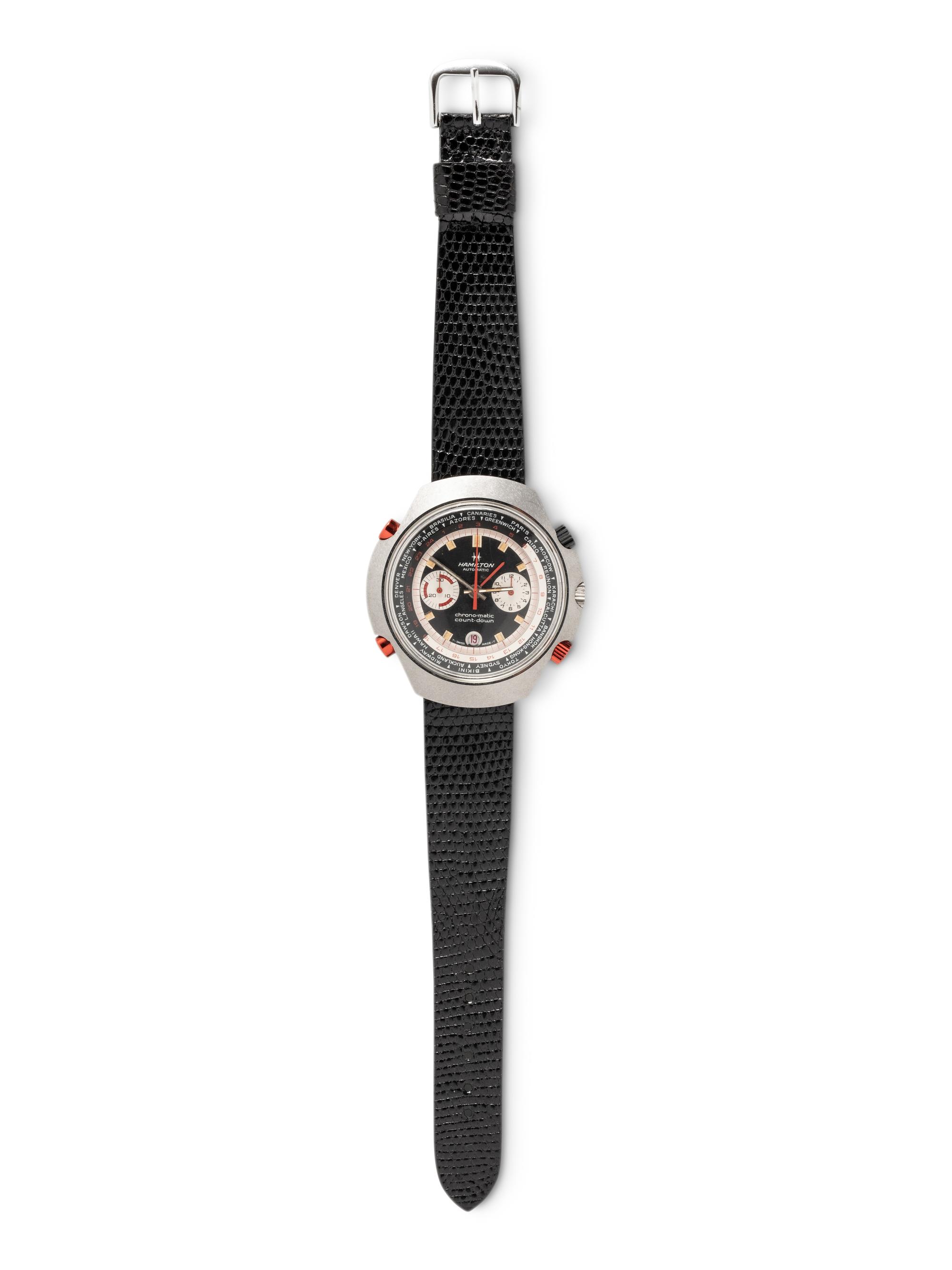 HAMILTON, REF. 141001-3 STAINLESS STEEL 'CHRONO-MATIC COUNT-DOWN GMT' WATCH