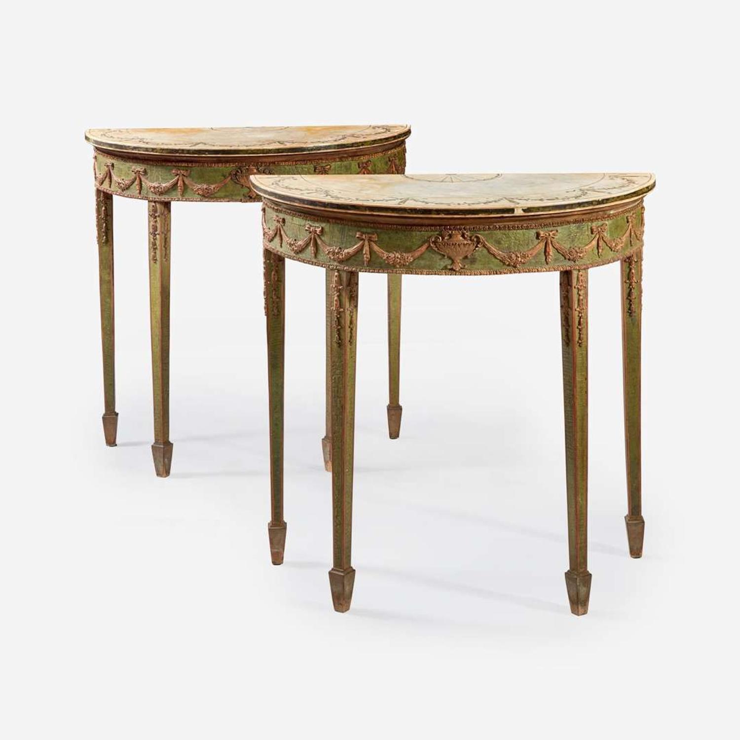 A Pair of George III Style Polychromed Carved Wood and Composition Demilune Console Tables late 19th/early 20th century