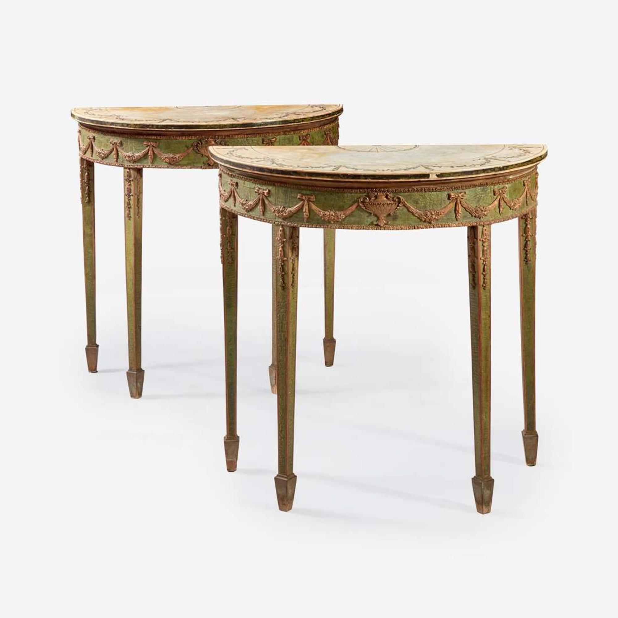 A Pair of George III Style Polychromed Carved Wood and Composition Demilune Console Tables late 19th/early 20th century